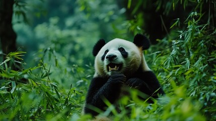 Obraz premium A playful giant panda frolicking amidst the lush green bamboo forest, capturing moments of joy and curiosity in its natural habitat. The scene highlights the panda's playful behavior