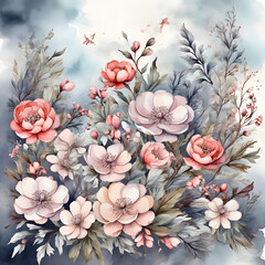 watercolor painting of a wild flower floral bouquet. Generative AI