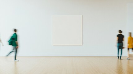 Minimalist Indoor Scene with Motion Blur of Individuals Passing by Elegant Cream Plaster Wall Featuring Blank Poster, Warm Wooden Floor, and Diffused Natural Lighting