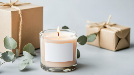 Luxury scented candle with customizable label, surrounded by gift boxes and greenery, creating warm and inviting atmosphere.
