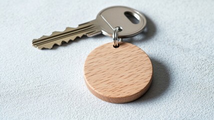 Engraved wooden keychain on simple surface, showcasing natural wood texture and metal key. This image evokes sense of simplicity and functionality.