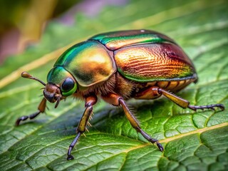 Fototapeta premium A beautifully shaded Japanese beetle with a metallic sheen, sitting on a leaf, has reddish-brown legs that are