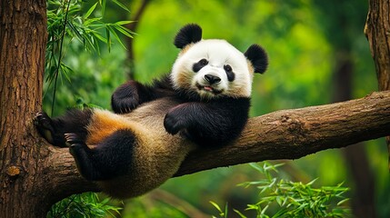 Fototapeta premium A playful giant panda frolicking amidst the lush green bamboo forest, capturing moments of joy and curiosity in its natural habitat. The scene highlights the panda's playful behavior