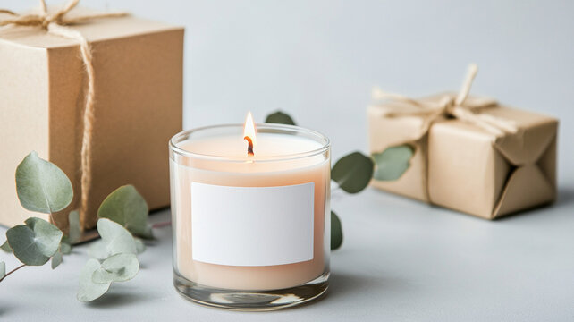 Luxury scented candle with customizable label, surrounded by gift boxes and greenery, creating warm and inviting atmosphere.