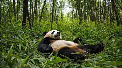  A playful giant panda frolicking amidst the lush green bamboo forest, capturing moments of joy and curiosity in its natural habitat. The scene highlights the panda's playful behavior