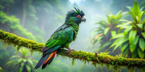 Obraz premium A black parrot flaunts vibrant green plumage on its head, wings, and tail, surveying its tropical surroundings from