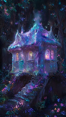 Obraz premium A fairy house that is both elegant and whimsical. The house is built into a giant tree, with winding staircases and hidden rooms