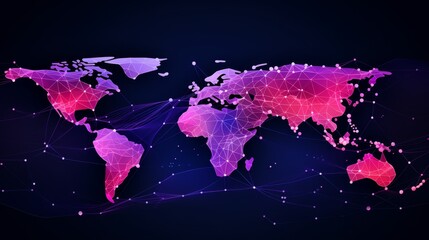 Fototapeta premium Global connectivity a dot and line world map showcasing cities with blue lines and purple red dots