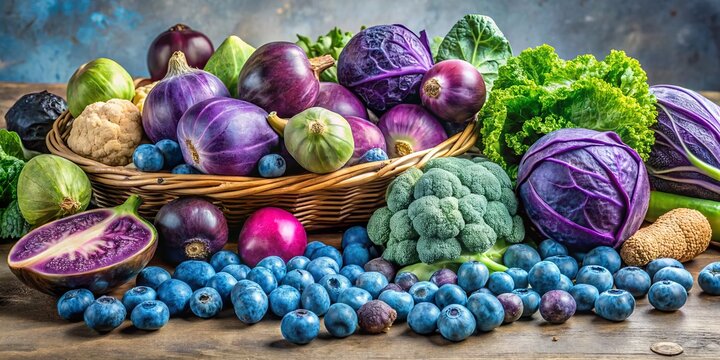 A colorful still life arrangement highlights a medley of blue vegetables including Brussels sprouts, purple potatoes,