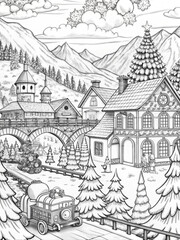 Naklejka premium Detailed Winter Village Scene with Snow-Covered Houses for Coloring Books