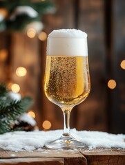 A glass of light beer on a snowy table with a wooden background. New Year banner mockup with empty space for product placement or promotional text.