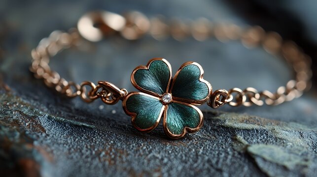 A close-up of a gold chain bracelet with a green four-leaf clover charm.