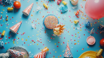 A festive scene with a colorful cake, party hats, and decorations for a celebration.