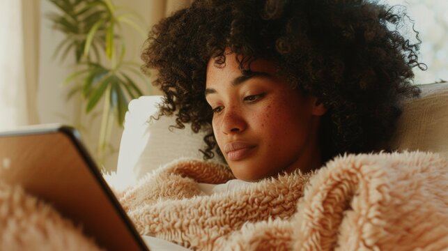 Young African American Woman in Cozy Living Room Engaged with Tablet Notification During Daytime
