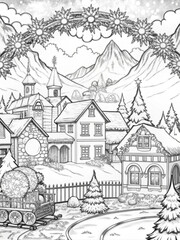 Obraz premium Detailed Winter Village Scene with Snow-Covered Houses for Coloring Books