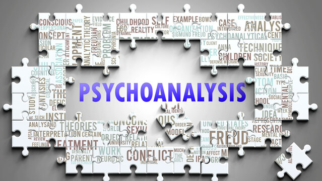 Psychoanalysis as a complex subject, related to important topics. Pictured as a puzzle and a word cloud made of most important ideas and phrases related to psychoanalysis. ,3d illustration