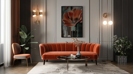 Chic retro home decor with vintage furniture, velvet seating, floral arrangement, unique lighting,...