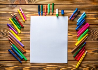 Fototapeta premium A blank, crisp, and snow-white A5-sized sheet of paper lies flat on a wooden desk, surrounded by colorful pens and a tidy workspace.