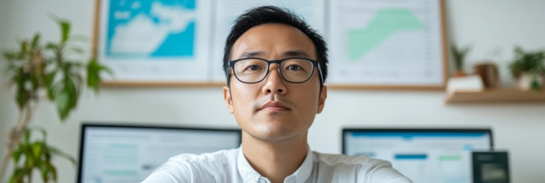 Serious Asian Man in Home Office Using Financial Management Tools During COVID-19 Pandemic Evening