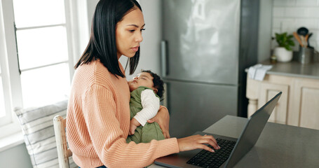 Mother, baby and laptop in kitchen for remote work, reading email and business report with spreadsheet. Woman, newborn and technology in house for freelance, video call and research as entrepreneur