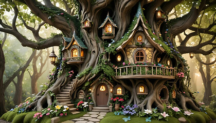 Fototapeta premium A fairy house that is both elegant and whimsical. The house is built into a giant tree, with winding staircases and hidden rooms
