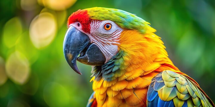 A brightly plumed parrot with a warm yellow crown perches transfixed by the wonders of the world, its curious gaze unwavering.