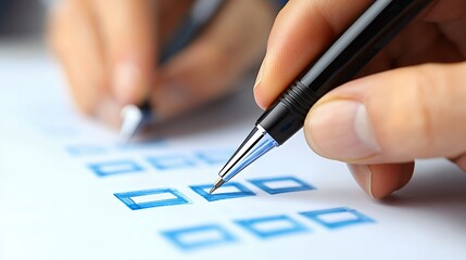 Close-up of a hand filling out a checkbox on a paper document with a black pen.