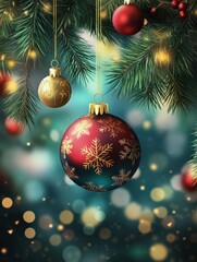 Christmas and New Year background. Decorated Christmas tree bauble on bokeh background.