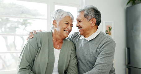 Home, hug and senior couple with love, smile and funny with marriage, bonding together and care....