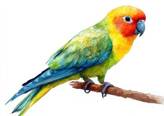Watercolor painting of a colorful parrot perched on a branch.