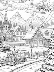 Obraz premium Detailed Winter Village Scene with Snow-Covered Houses for Coloring Books
