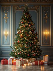 Christmas tree with gifts, decoration and candles