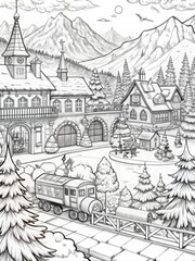 Obraz premium Detailed Winter Village Scene with Snow-Covered Houses for Coloring Books