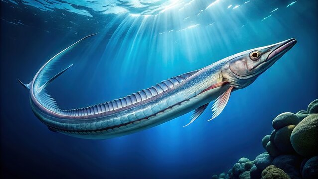 A majestic giant oarfish swims vertically in the dark blue ocean, its silvery scales shining, with undulating fins and a long, thin body glistening in sunlight.