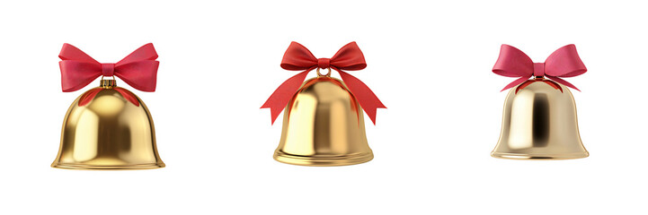 A 3D Golden Bell with Red Ribbon Christmas Celebration Shiny Metallic Isolated on White and Transparent Background
