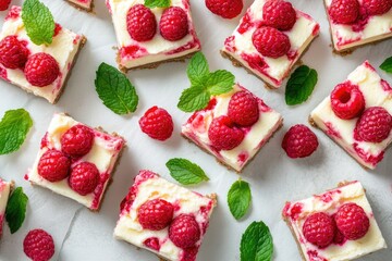 A top down view of raspberry cheesecake bars, garnished with fresh raspberries and mint leaves
