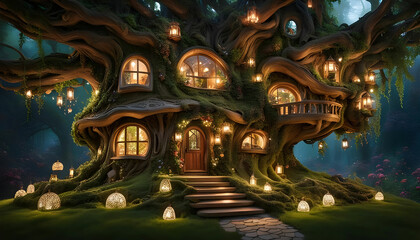 Fototapeta premium A fairy house that is both elegant and whimsical. The house is built into a giant tree, with winding staircases and hidden rooms
