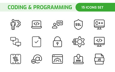 Programming coding set of web icons in line style. Software development icons for web and mobile app. Code, api, programmer, developer, information technology, coder and more.