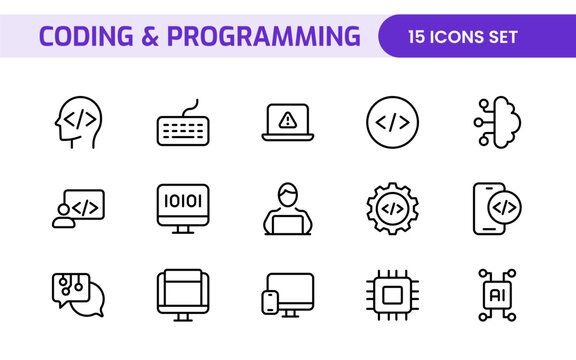 Programming coding set of web icons in line style. Software development icons for web and mobile app. Code, api, programmer, developer, information technology, coder and more.