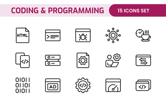 Programming coding set of web icons in line style. Software development icons for web and mobile app. Code, api, programmer, developer, information technology, coder and more.