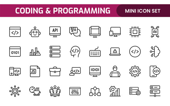 Programming coding set of web icons in line style. Software development icons for web and mobile app. Code, api, programmer, developer, information technology, coder and more.