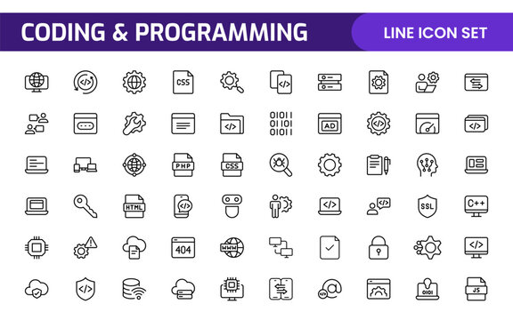 Programming coding set of web icons in line style. Software development icons for web and mobile app. Code, api, programmer, developer, information technology, coder and more.