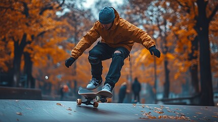 A young man in a yellow jacket and blue beanie performing a trick on his skateboard in a skate park with fall leaves scattered around.