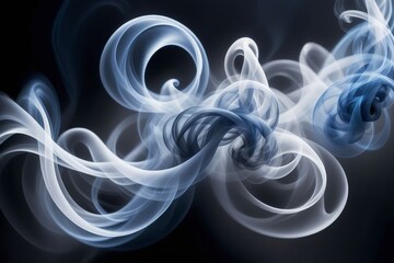 Abstract smoke swirls in blue and white against a dark background.