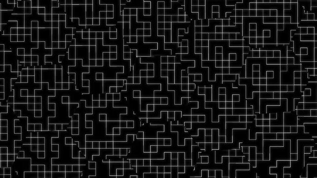 Black and white line pattern hexagons shape rotation background. small squares animation digital backdrop