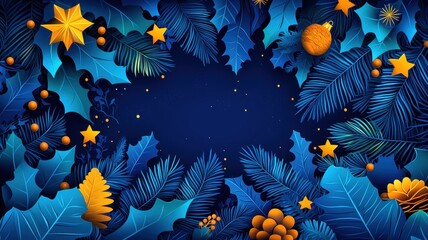 Vibrant holiday frame featuring blue leaves and golden decorations, perfect for festive designs and seasonal celebrations.