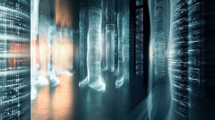 A futuristic digital landscape with glowing structures and a sense of depth.