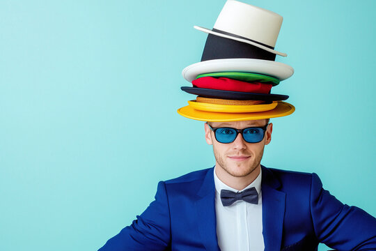 an entrepreneur literally 'wearing many hats', balancing a stack of different hats representing various roles (chef's hat, hard hat, graduation cap, etc.)
