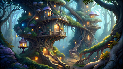 Obraz premium A fairy house that is both elegant and whimsical. The house is built into a giant tree, with winding staircases and hidden rooms