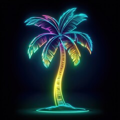 Vibrant neon palm tree illustration on black background
